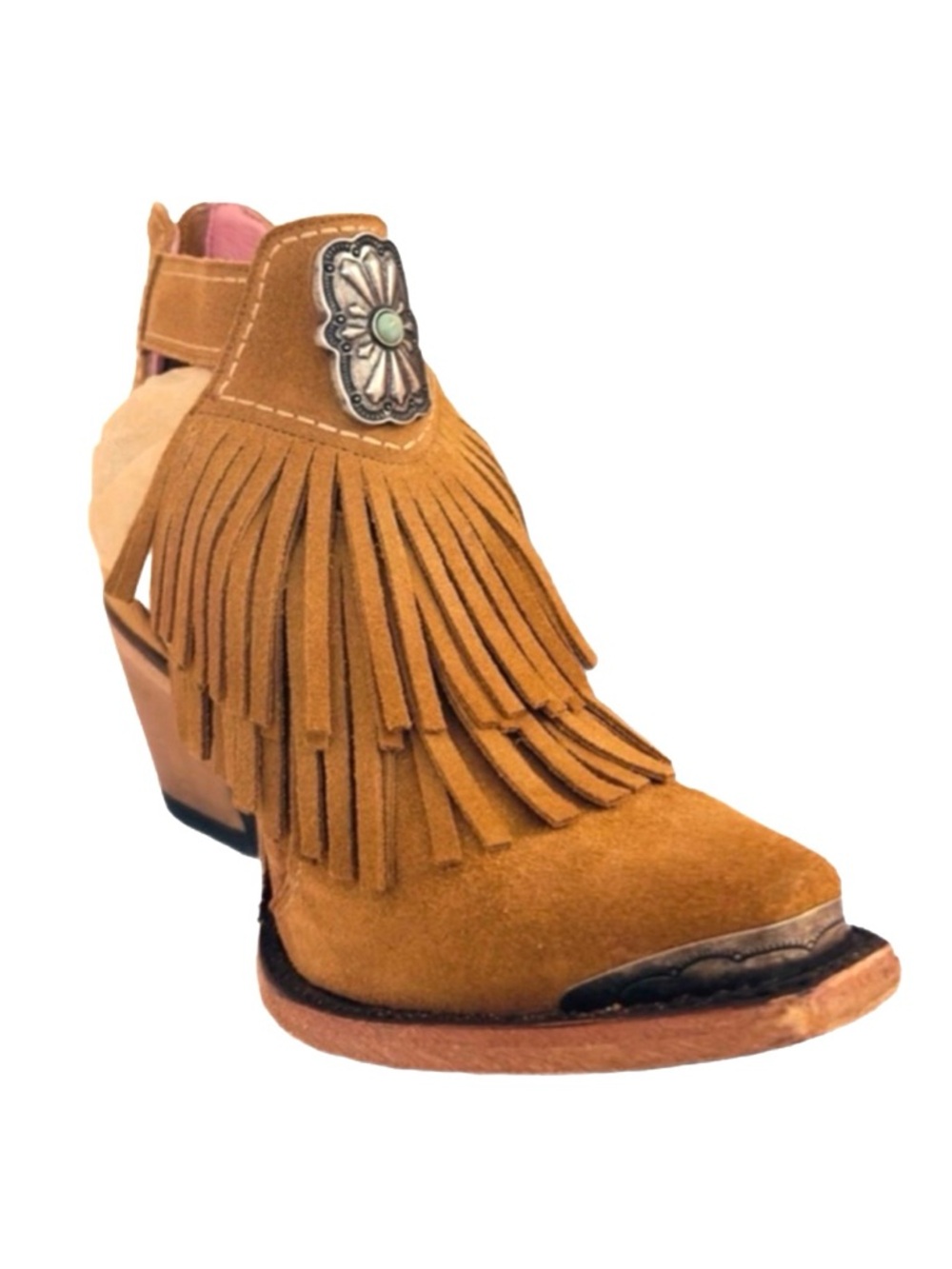 JUNK GYPSY by LANE ~ Fringed Tan Leather Ankle Boots w/Faux Turquoise size 7.5 - Picture 3 of 12